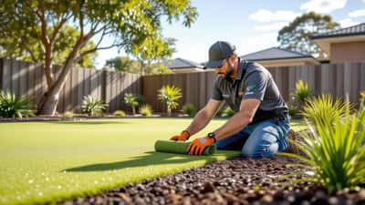 Landscaper laying artificial putting green turf on a compacted base in an Australian backyard