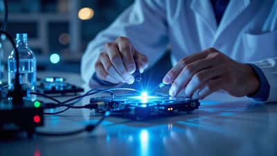 Researcher adjusting fiber-optic cables on a photonic quantum processor in a U.S. lab