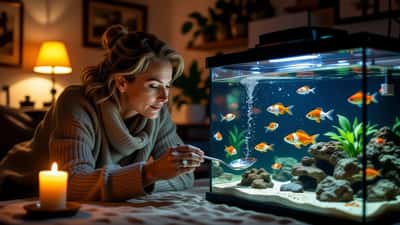 Vrouw beweegt water handmatig in donker aquarium tijdens stroomstoring in Tegelen bij kaarslicht