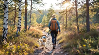 Frau wandert im Sommer mit angeleintem Hund auf einem Waldpfad durch einen Nationalpark