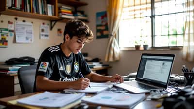 Estudante brasileiro resolvendo equações de probabilidade com dados do Boca Juniors no laptop para estudar para o ENEM 2026