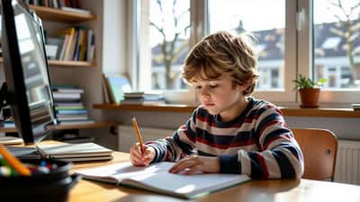 Norsk barneskolegutt skriver for hånd i notebook på skolepulten uten nettbrett, dagslys fra vindu