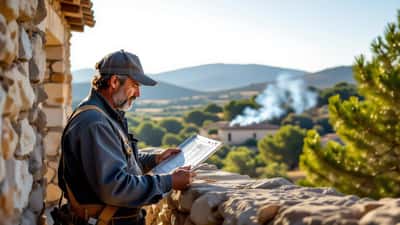 Artisan inspectant des volets coupe-feu aluminium sur une maison provençale avec fumée de feux de forêt en arrière-plan dans le Var