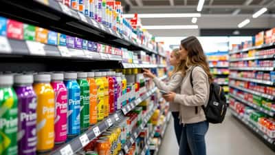 Colourful Prime Drinks cans on an Australian supermarket shelf with a nutrition consultation in the background