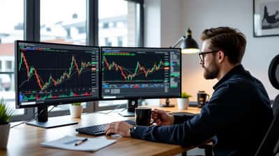 UK trader at dual monitors showing GBP/USD chart spike and forex economic calendar on NFP release day