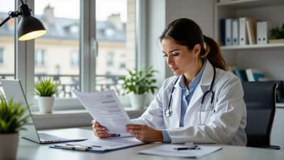 Médecin généraliste examinant un rapport de coprologie parasitaire dans un cabinet médical parisien
