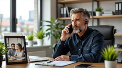 Canadian professional at office desk reviewing family leave documents while on the phone