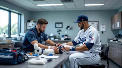 Médico deportivo examinando el muslo de un jugador de béisbol en el estadio