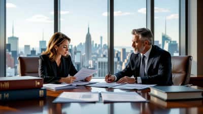 Attorney reviewing medical case files with client in Manhattan law firm office