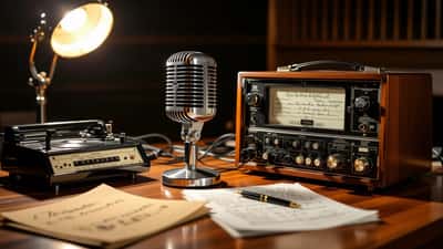 Microfone de rádio vintage com documentos de testamento e herança em estúdio português