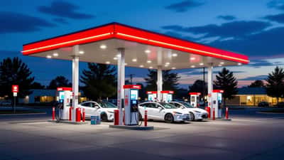 Electric vehicle charging stalls at a modern American filling station at dusk