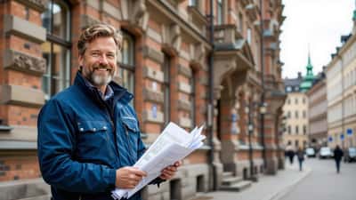 Kullerstensbelagd gata i Gamla stan Stockholm med traditionella historiska byggnader