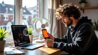 Man in a Liverpool flat holding an overheating smartphone next to a laptop by a sunlit window during the 2026 heatwave