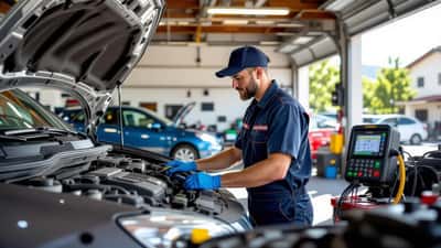 Meccanico controlla il liquido di raffreddamento del motore di un'auto in officina durante l'estate