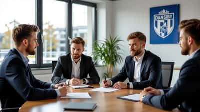 Ung fodboldspiller underskriver professionel kontrakt med klubrepræsentant ved konferencebord i dansk fodboldklub