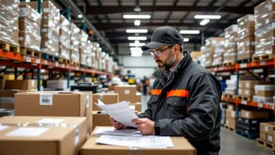 Chef d'entreprise canadien examinant des documents de tarifs douaniers américains dans un entrepôt de fabrication près de la frontière