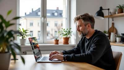IT-asiantuntija neuvoo suomalaista asiakasta teknologia-asioissa kotitoimistossa Helsingissä