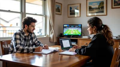 Professor particular de matemática ensina probabilidade a um estudante usando estatísticas de futebol em uma mesa