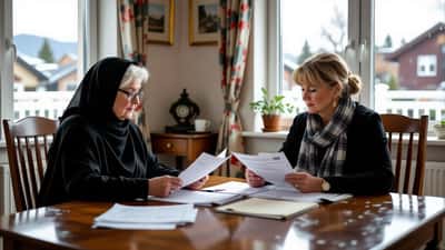 Eldre norsk kvinne gjennomgår juridiske dokumenter med datteren sin ved kjøkkenbordet