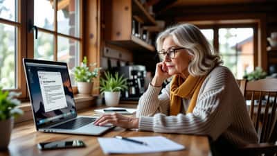 Ältere Frau prüft am Laptop skeptisch eine verdächtige ORF-Rückerstattungs-Mail