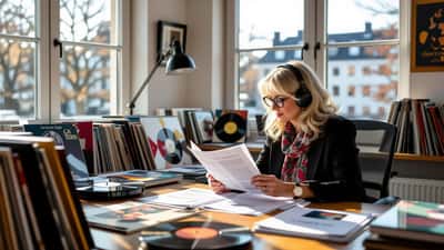 Finansiell rådgivare granskar musikrättsliga avtal och testamentsdokument på ett Stockholmskontor