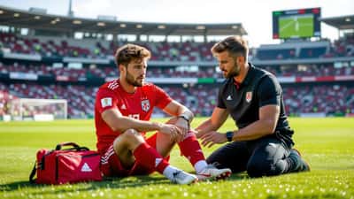 Footballeur blessé à la cuisse en bord de touche, examiné par un physiothérapeute