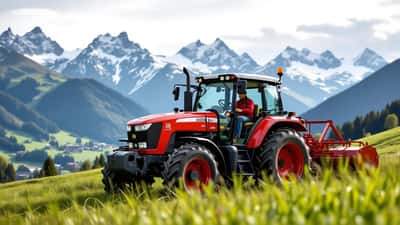 Tracteur agricole avec arceau de sécurité relevé sur une prairie en pente en Suisse