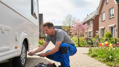 Nederlandse man controleert banden van witte caravan op de oprit in Eindhoven