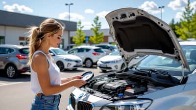 Autoilija tarkistaa kuuman auton jäähdytysnestettä avoimella parkkipaikalla helteellä Suomessa