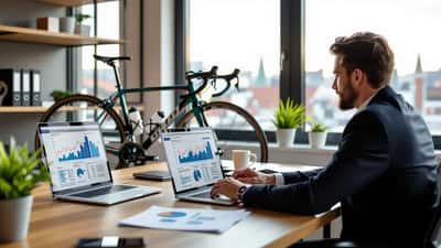 Formuerådgiver gennemgår investeringsdokumenter ved et skrivebord med en racercykel lænet op ad væggen i baggrunden