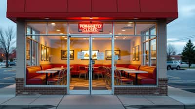 Locked closed casual dining restaurant at dusk with permanently closed sign on glass door