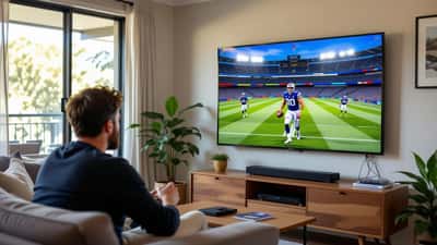 Home lounge room with a large 4K TV showing an AFL match at the MCG, soundbar and streaming device