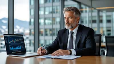 Finansiell chef granskar investeringsdokument i modernt Zürich-kontor