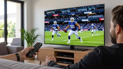Person adjusting living room TV picture settings while an AFL match plays on screen