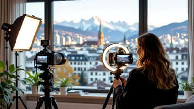 Créateur de contenu suisse filmant une vidéo professionnelle dans un studio moderne avec vue sur la ville