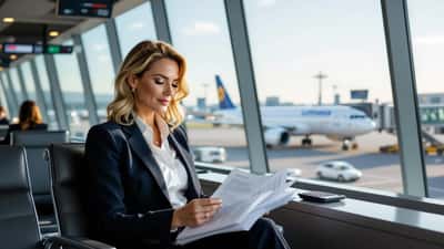 Geschäftsfrau am Wiener Flughafen sortiert Reisekostenbelege am Gate