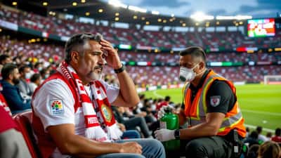 Aficionado del Toluca con mal de altura recibe oxígeno de un paramédico en las gradas del Estadio Nemesio Díez