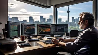 Canadian investor reviewing Bitcoin price charts on multiple screens in a home office in Toronto