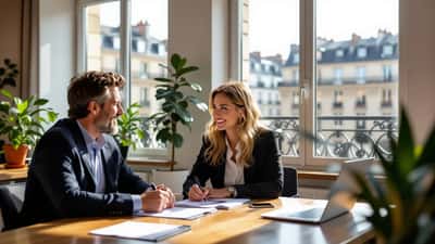 Couple et notaire signant une convention de concubinage dans un cabinet parisien