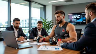 Peleador de MMA revisando contratos y gráficas financieras en oficina de Las Vegas, guantes de MMA sobre documentos legales