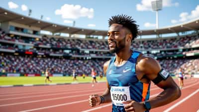 Lachlan Kennedy sprinting on an athletics track with CGM sensor visible on arm, Australian stadium setting