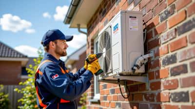 Nederlandse installateur monteert witte split-airco buitenunit op bakstenen gevel tijdens hittegolf 2026