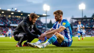 Footballeur amateur traité par un physiothérapeute après une blessure au genou sur un terrain suisse