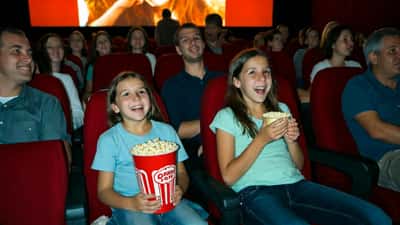 Enfant et parent dans une salle de cinéma française regardant un film animé pendant les vacances de printemps 2026