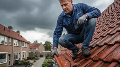 Huiseigenaar inspecteert dakschade na onweer in Nederland, 2026