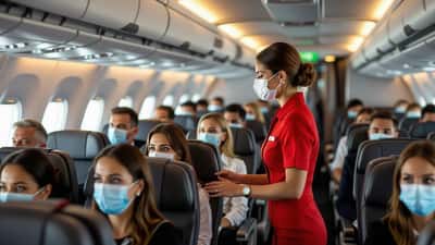 Cabine d'un Boeing 777 avec légère vapeur chimique visible, passagers inquiets et hôtesse en uniforme rouge