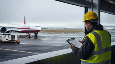 Flughafnarstarfsmaður í gulum öryggisföt við bílstjórabíl á Keflavíkurflugvelli undir gráum himni