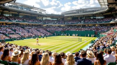 Wimbledon Centre Court during the 2026 ladies' final on a sunny championship day