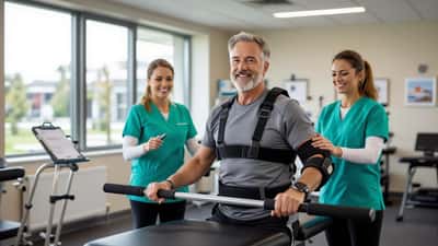 Un homme de 57 ans en rééducation avec une attelle à la jambe, aidé par une physiothérapeute aux barres parallèles