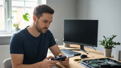 British man inspecting a disassembled PS4 console on his desk in Manchester, deciding whether to repair or replace it